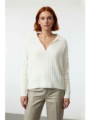 Ersefa Kadınlara Özel Oversize Fitilli Triko Kazak Düşük Kol Polo Yaka Kış Sezonu Için Ideal Günlük Giyim