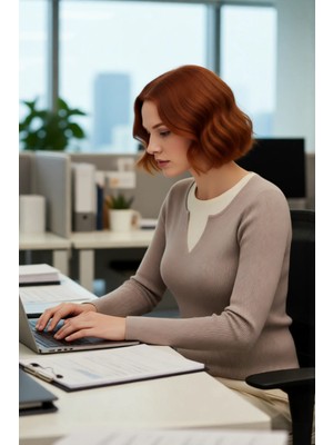 FRM Kadın Bej Triko Kazak Fitted Kesim Polyester Fitilli Çift Katman Görünümlü Günlük Şık Ince Yapı