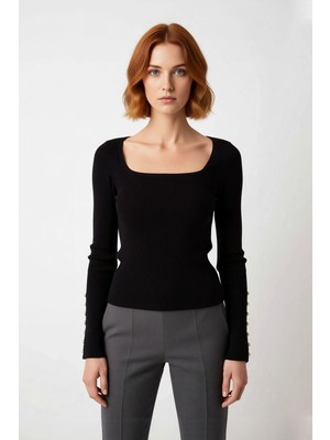 Ersefa Kadın Fitted Kare Yaka Düğme Detaylı Ispanyol Kol Fitilli Triko Kazak Yeni Sezon Şıklığı Kaliteli