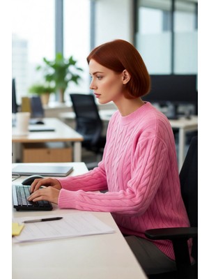 FRM Rahat Şık Kadın Regular Kalıp Saç Örgü Triko Kazak Bisiklet Yaka Uzun Kollu Günlük Kombin Kaliteli