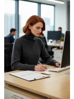 FRM Kadın Standart Kol Regular Kalıp Orta Kalınlık Dik Yaka Fermuarlı Triko Kazak Kış Kombinleri