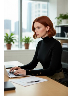 FRM Kadın Ince Triko Balıkçı Yaka Fitted Kalıp Uzun Kollu Kazak Günlük Konfor Ilkbahar Sonbahar