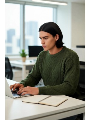 FRM Erkek Basic Oversize Kalın Saç Örgülü Bisiklet Yaka Kazak Rahat ve Stil Sahibi Kombinler Kaliteli