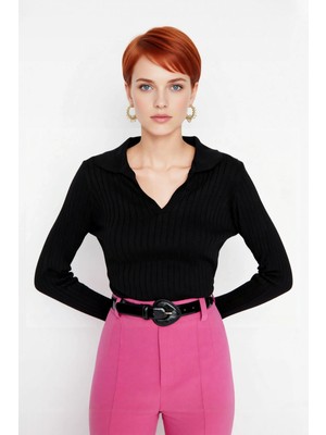 Ersefa Kadınlara Özel Basic Regular Kesim Polo Yaka Fitilli Triko Kazak Modern ve Konforlu Stil Kaliteli