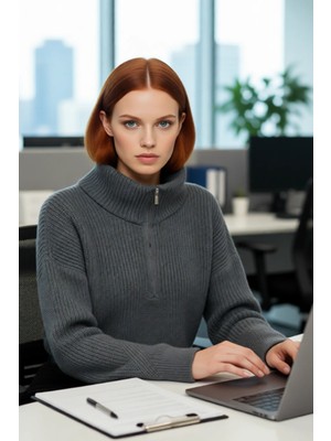 FRM Kadın Oversize Rahat Kesim Crop Fermuarlı Dik Yaka Akrilik Triko Kazak Soğuk Günler Için Ideal