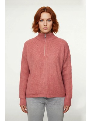 Ersefa Kadın Oversize Basic Dokulu Uzun Kollu Fermuarlı Dik Yaka Selanik Örgü Triko Kazak Kaliteli