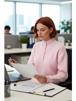 FRM Kadın Lacivert Regular Kesim Dik Yaka Uzun Düşük Kol Triko Kazak Günlük Giyime Elegans Katın