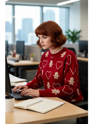 FRM Kadın Günlük Yılbaşı Desenli Uzun Kollu Bisiklet Yaka Regular Kalıp Akrilik Triko Kazak Kaliteli