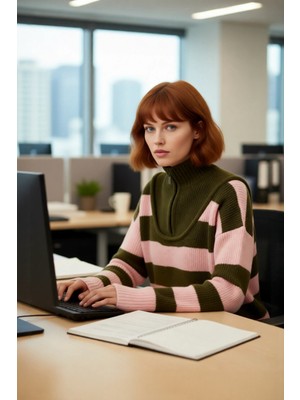 FRM Kadın Şık Oversize Kalın Triko Kazak Selanik Dokuma Çizgili Dik Yaka Düşük Kol Kış Stili Kaliteli