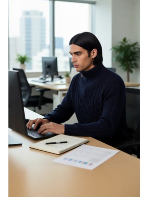 FRM Erkek Casual Uzun Kollu Saç Örgü Desenli Fermuarlı Dik Yaka Regular Kalıp Triko Kazak Kaliteli