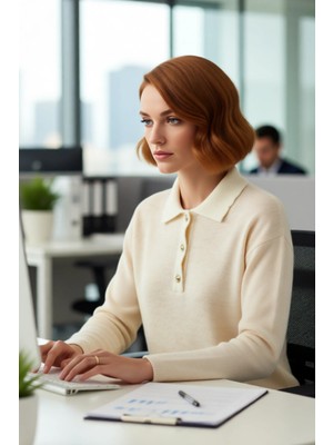 FRM Kadın Yumuşak Dokulu Triko Kazak Oversize Kesim Polo Yaka Detaylı Kışlık Konforlu Giyim Ürünü