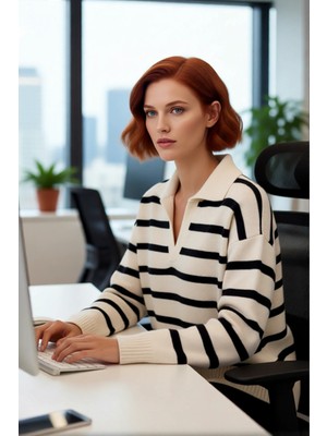 FRM Kadın Triko Polo Yaka Kazak Oversize Kalıp Çizgili Deseniyle Modern ve Konforlu Kış Giyimi