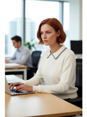 FRM Kadın Casual Polo Yaka Dikiş Detaylı Triko Kazak Regular Kalıp Uzun Kollu Konforlu Tasarım