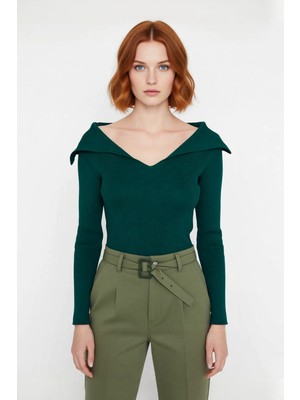 Ersefa Kadın Şık Devrik Yaka Fitilli Triko Üst Fitted Kesim Uzun Kol Crop Model Ilkbahar Sonbahar
