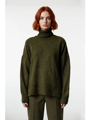 Ersefa Kadın Oversize Kalıp Düz Balıkçı Yaka Triko Kazak Uzun Düşük Kol Günlük Basic Giyim Şıklığı