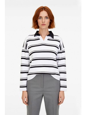 Ersefa Kadın Oversize Rahat Kesim Çizgili Triko Kazak Polo Yaka Düşük Kol Kışlık Günlük Şıklık Kaliteli