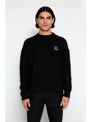 Ersefa Erkek Geniş Kalıp Oversize Fit Bisiklet Yaka Nakış Detaylı Triko Kazak Serin Havalar Için Kaliteli