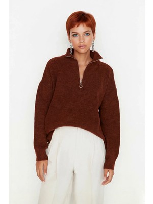 Ersefa Kadın Oversize Basic Dokulu Uzun Kollu Fermuarlı Dik Yaka Selanik Örgü Triko Kazak Kaliteli