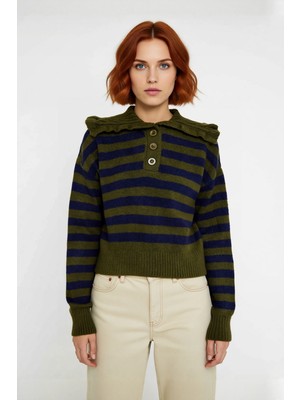 Ersefa Kadın Orta Kalınlıkta Devrik Yaka Çizgili Düşük Kollu Triko Kışlık Crop Kazak Günlük Şıklık