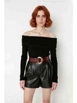 Ersefa Kadınlara Özel Basic Fitted Kesim Uzun Kollu Crop Akrilik Triko Carmen Yaka Kazak Kaliteli