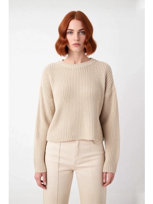 Ersefa Kadınlara Özel Basic Çizgili Oversize Triko Kazak Bisiklet Yaka Uzun Düşük Kol Kış Şıklığı