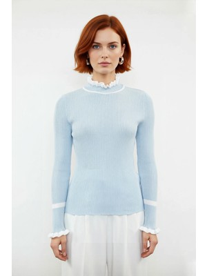 Ersefa Kadın Triko Fitted Kalıp Dik Yaka Fitilli Renk Bloklu Uzun Kollu Kazak Günlük Tarzın Modern Hali