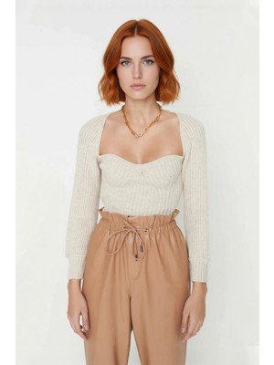 Ersefa Kadın Kalp Yaka Crop Triko Kazak Regular Kalıp Uzun Kollu Fitilli Akrilik Günlük Şık Giyim