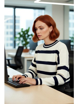 FRM Kadın Uzun Kollu Bisiklet Yaka Çizgili Crop Triko Kazak Casual Tarz Gündelik Kombin Kaliteli