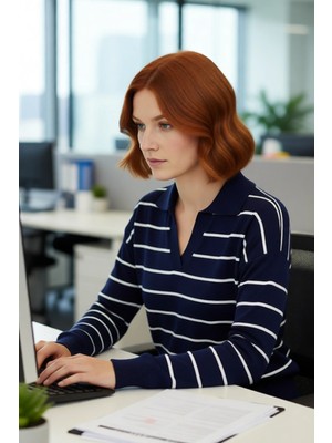 FRM Kadın Günlük Şıklık Için Lacivert Çizgili Polo Yaka Akrilik Triko Kazak Uzun Düşük Kol Rahat