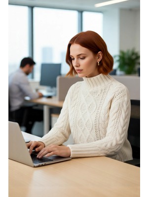 FRM Kadın Oversize Dik Yaka Akrilik Saç Örgü Triko Kazak Kış Kombinlerine Modern Rahatlık Katıyor