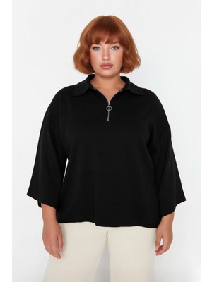 Ersefa Kadın Büyük Beden Relaxed Kalıp Polo Yaka Fermuarlı Düşük Omuz Truvakar Kol Triko Kazak Kaliteli