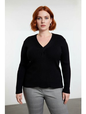 Ersefa Kadın Düz Desen Fitilli V Yaka Uzun Kollu Triko Kazak Sonbahar Kış Şıklığı Için Ideal Kaliteli