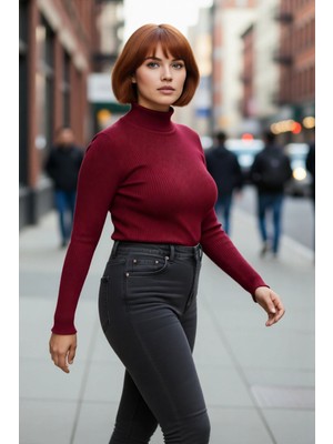 PayBuy Kadın Fitted Dik Yaka Uzun Kollu Fitilli Ince Akrilik Triko Kazak Günlük Şıklık Sunar Modern Basic