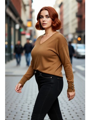 PayBuy Kadın V Yaka Düğme Detaylı Triko Kazak Günlük Şıklık ve Konfor Sunan Uzun Kollu Tasarım Kaliteli