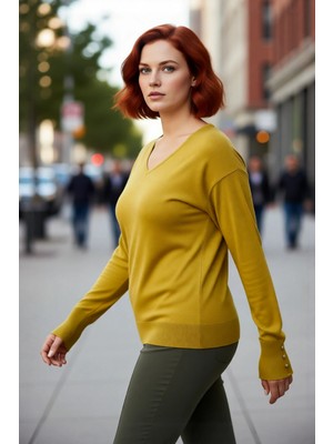 PayBuy Kadın V Yaka Düğme Detaylı Triko Kazak Günlük Şıklık ve Konfor Sunan Uzun Kollu Tasarım Kaliteli