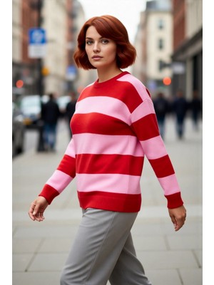 PayBuy Kadın Çizgili Bisiklet Yaka Regular Kalıp Düşük Kol Uzun Kollu Triko Kışlık Rahat Şık Kazak