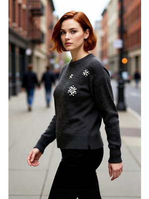 PayBuy Kadın Pembe Taş Detaylı Regular Kalıp Düşük Kol Bisiklet Yaka Yumuşak Hissiyatlı Kışlık Triko Kazak