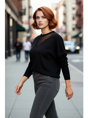 PayBuy Kadın Relaxed Kalıp Düşük Kol Tül Detaylı Bisiklet Yaka Uzun Kollu Triko Kazak Konforlu Günlük