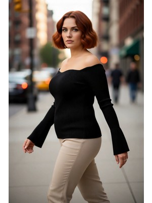 PayBuy Kadın Şık Fitted Carmen Yaka Fitilli Triko Kazak Düz Desen Uzun Reglan Kol Bodycone Siluet