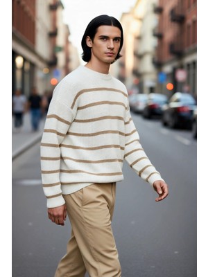 PayBuy Erkek Oversize Bisiklet Yaka Çizgili Selanik Dokuma Kalın Akrilik Kışlık Kazak Konforlu Stil