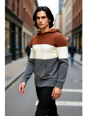 PayBuy Erkek Kapüşonlu Regular Kalıp Renk Bloklu Kanguru Cepli Uzun Kollu Triko Kazak Günlük Stilinize Özel