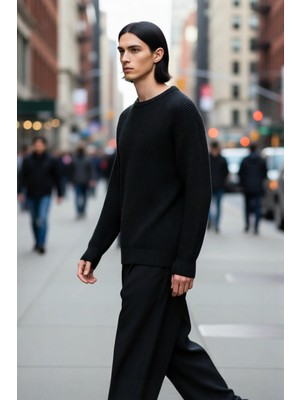 PayBuy Erkek Oversize Kalıp Bisiklet Yaka Basic Selanik Dokulu Kalın Triko Kazak Kışlık Günlük Giyim Için