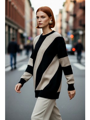PayBuy Kadın Relaxed Kalıp Bisiklet Yaka Renk Bloklu Düşük Kollu Akrilik Triko Kazak Günlük Şıklık Sunar