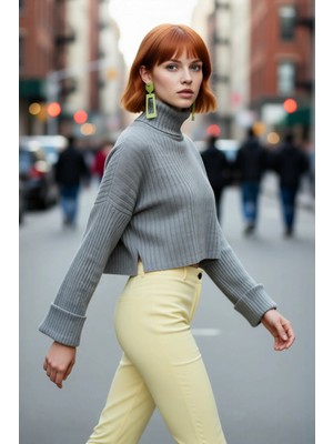 PayBuy Kadın Oversize Super Crop Balıkçı Yaka Uzun Kollu Akrilik Triko Kazak Kışlık Günlük Şıklık