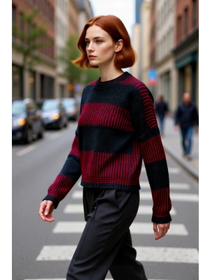 PayBuy Kadın Oversize Bisiklet Yaka Renk Bloklu Uzun Kollu Pike Triko Kazak Kış Günleri Için Ideal Bir