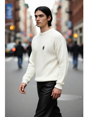 PayBuy Erkek Oversize Bisiklet Yaka Ayı Nakışlı Selanik Dokuma Uzun Kollu Kışlık Triko Kazak Kaliteli