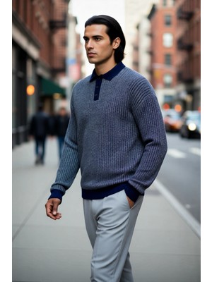 PayBuy Erkek Regular Kalıp Polo Yaka Dokulu Desenli Uzun Kollu Akrilik Triko Kazak Kış Günleri Için Ideal