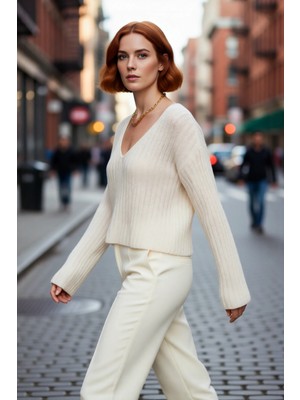 PayBuy Kadın Geniş Kalıp V Yaka Yünlü Triko Kazak Basic Fitilli Uzun Kollu Günlük Şıklık Için Ideal Seçim