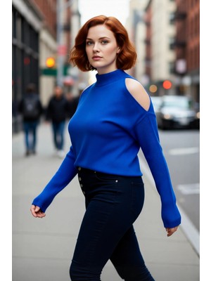 PayBuy Kadın Relaxed Kalıp Dik Yaka Düşük Uzun Kollu Omzu Açık Detaylı Modern Konforlu Triko Kazak