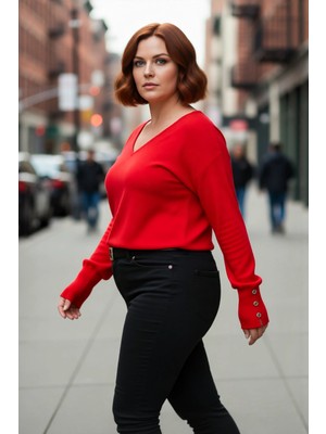 PayBuy Kadın V Yaka Düğme Detaylı Triko Kazak Günlük Şıklık ve Konfor Sunan Uzun Kollu Tasarım Kaliteli